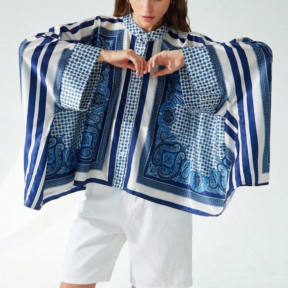 Multicolor Casual Women's Color Block Print  Cuff & Hem Design Blouse - Picture 2 of 5